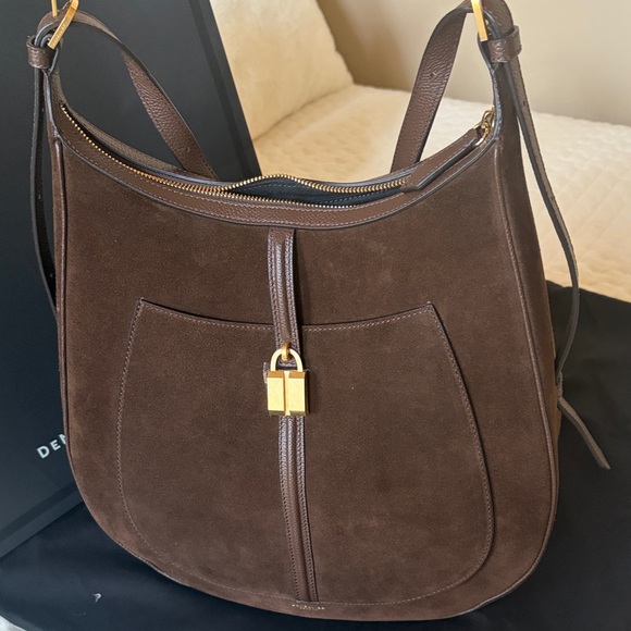 DeMellier Dark Brown Suede Hobo Shoulder Bag with Gold Padlock. Siena Hobo bag. - Picture 11 of 16